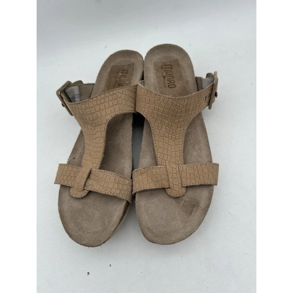 Munro Sandals Womens 10 N Ronda T-Strap Cork Wedge Slide Brown Leather Casual